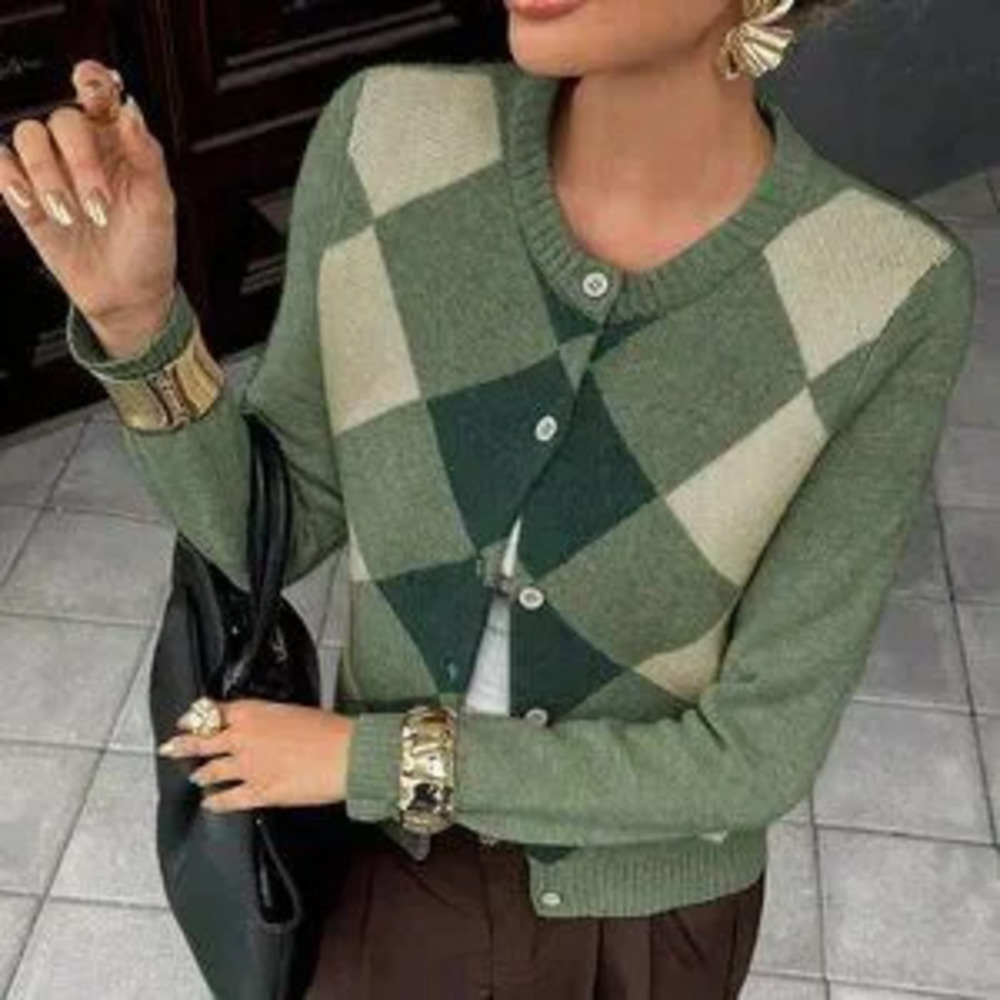 Multicolor Casual Women's Plaid Knitted Cardigan
